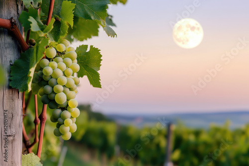 Bunch of green grapes on vineyard in front of full moon