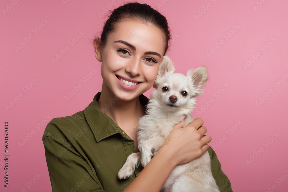smiling young woman holding chihuahua puppy isolated on pink smiling young woman holding chihuahua puppy isolated on pink