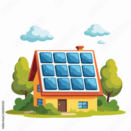 Bright yellow house with solar panels surrounded by greenery and trees, featuring blue skies with fluffy clouds. Solar energy is harnessed efficiently for sustainable living in modern homes.