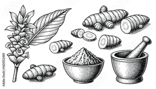 Engraved Turmeric Root, Flower, Powder and Mortar, Pestle Vector Illustration