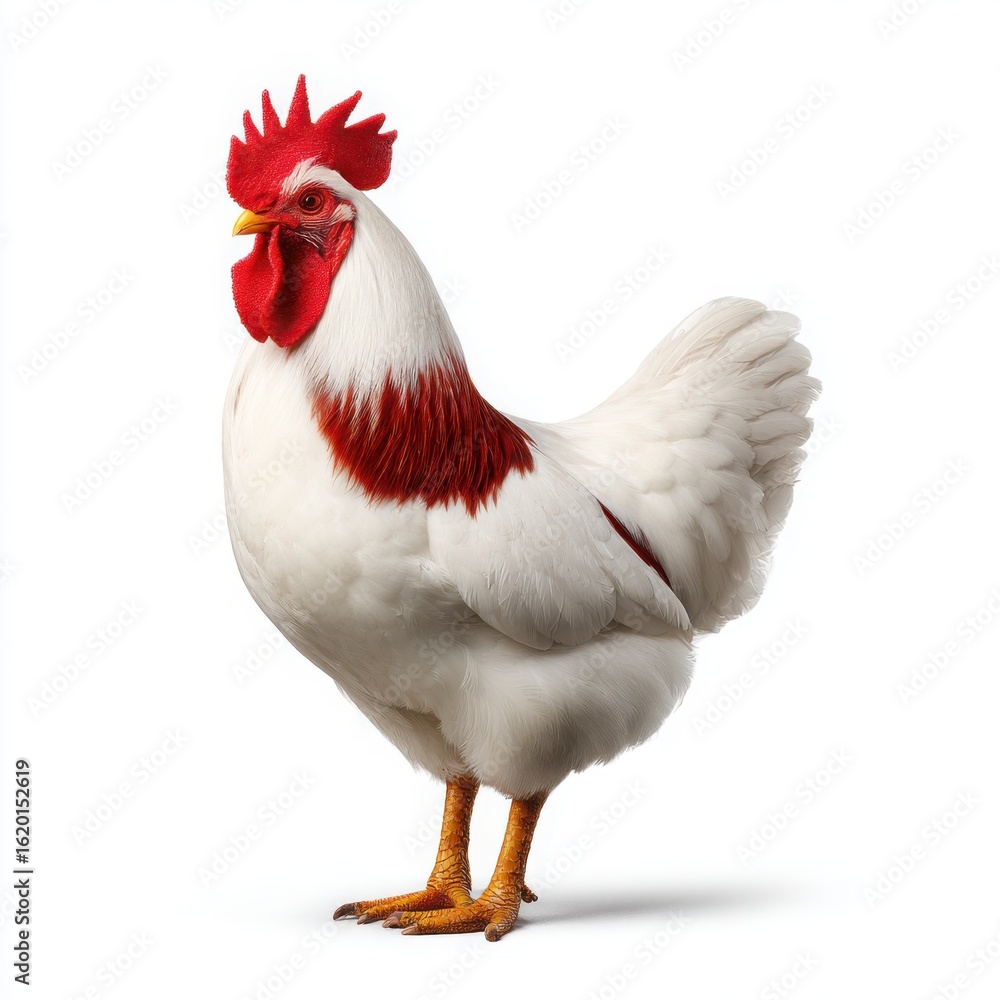 Fototapeta premium White Rooster with Red Comb and Neck Feathers chicken