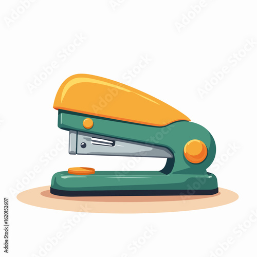 Colorful stapler in green and orange design with glossy finish and ergonomic shape. This stapler features a vibrant color combination, offering a stylish addition to office supplies.