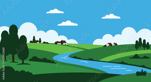 Cartoon landscape with green hills blue river houses and cloudy sky