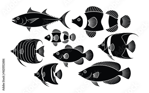 Oceanic Fish Silhouettes Vector Collection: Diverse Aquatic Animals, Marine Life & Seafood Icons for Nautical, Restaurant & Aquarium Designs