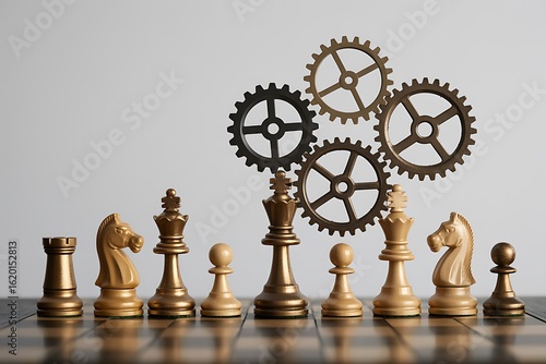 Golden chess pieces and gears symbolize strategic business teamwork and efficient operational synergy for success