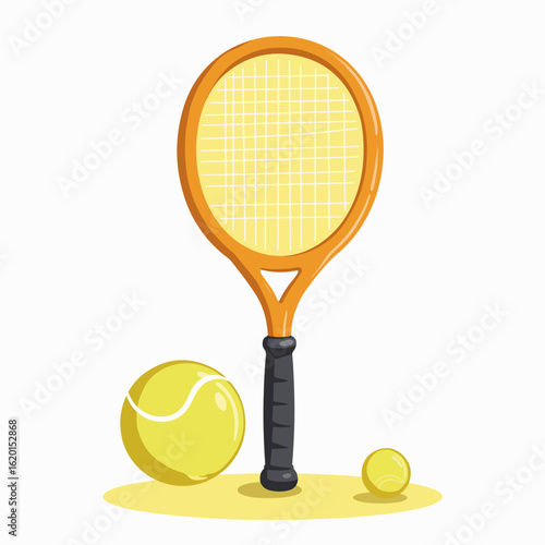 Tennis equipment with bright yellow tennis racket and balls on white background. Tennis accessories include large and small yellow balls placed next to vibrant racket.