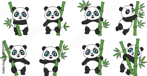 Set of cute baby panda cartoon characters holding bamboo sticks, fun wildlife animal vector art for kids and learning use