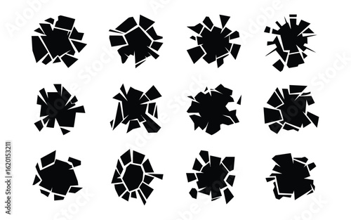 Shattered Glass Cracks Vector Set: Abstract Broken Surface Elements, Ideal for Damage, Impact, and Dynamic Graphic Design Assets
