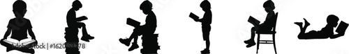 Vector art of silhouettes of children reading books in various poses isolated on white background
