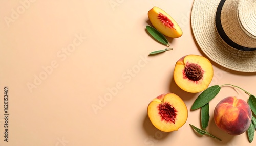 Peach Halves and Straw Hat on Beige Background