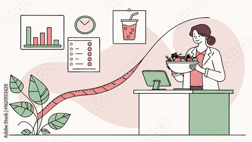 "Nutritionist in Office with Fresh Vegetables – Diet Consultation Scene with Measuring Tape, Charts & Clock for Wellness Planning"

