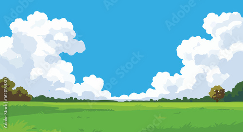 Cartoon Landscape with Green Field Blue Sky and White Clouds Illustration
