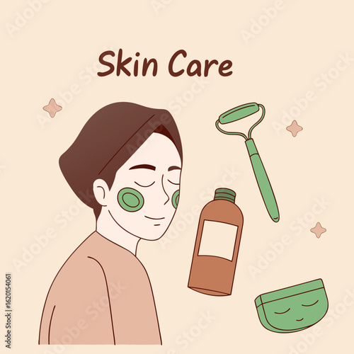 Woman with facial mask, jade roller, and skincare products for beauty and wellness routine on a beige background