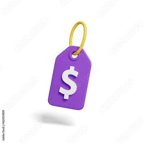 3d icon of purple price tag with dollar symbol isolated on white background