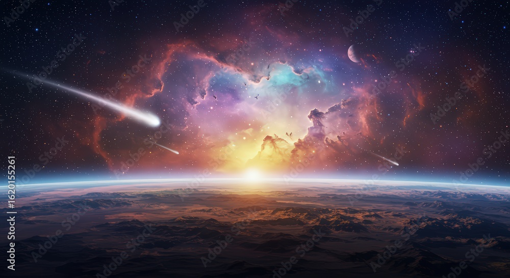 Naklejka premium Cosmic sunrise over planet