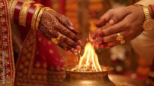 Dulhan radiant in her finery offers sacred rice with her groom in a hindu wedding fire ceremony. Ideal for wedding, cultural, and festive concepts. culture concept.
