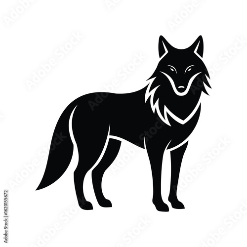 Stylized Black Wolf Illustration Standing Profile View on Isolated White Background