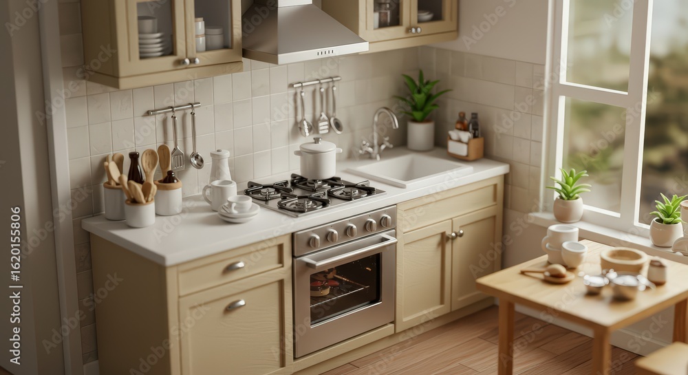 Fototapeta premium Cozy beige kitchen interior design