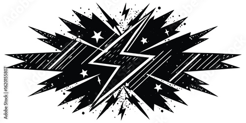 Monochrome burst of energy with lightning and stars graphic vector illustration
