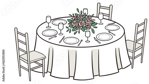 Elegant Round Table Setting with Floral Rose Centerpiece, Plates, and Glasses for Wedding or Formal Dining Event

