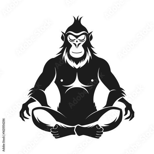Silhouette of Boss Ape Meditating in Yoga Pose, Calm Leadership Concept, Relaxation, Mindfulness, Powerful Primate Vector Design