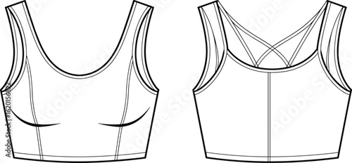 Women’s sports bra flat vector illustration, front and back views, CAD technical drawing, activewear design, fitness garment, workout apparel