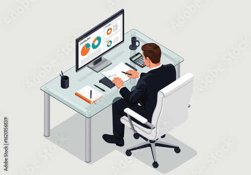 Vector illustration of businessman working with charts and data on computer in office