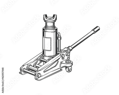Hydraulic Trolley Floor Jack for Car Repair, Auto Service Tool, Black and White Vector Illustration