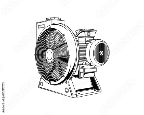 Industrial Blower with Motor, Heavy Duty Fan, Air Cooling System, Black and White Outline Vector Illustration