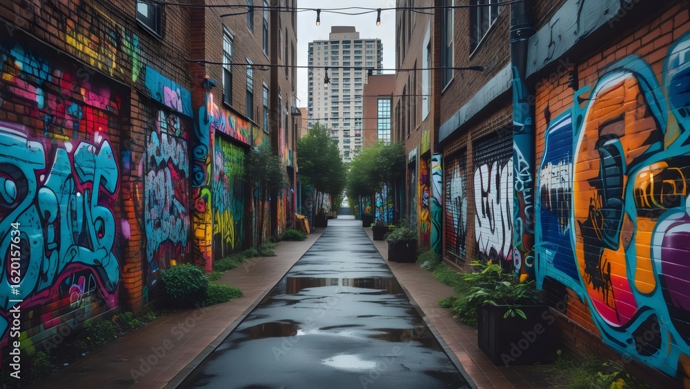 Fototapeta premium Vibrant Urban Alleyway Adorned with Colorful Graffiti Art