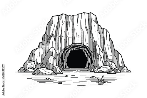 Monochrome Stone Cave Entrance Illustration with Rock Formation and Vegetation, Vector Illustration