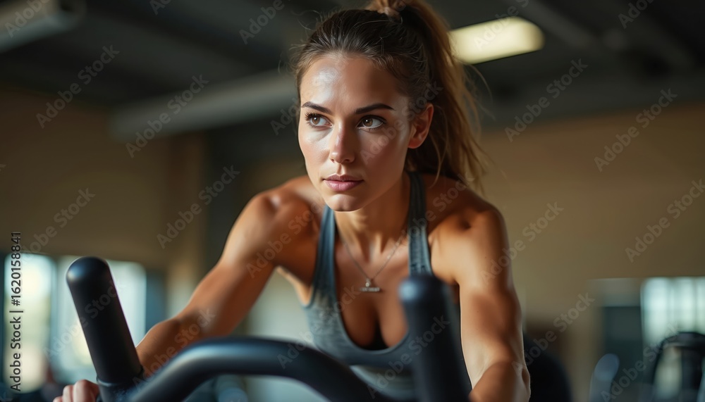 Obraz premium Fit female athlete cycles in gym. Woman pedals stationary bike for cardio exercise. Focused on building healthy lifestyle, slim physique. Sporty woman works out in fitness studio.