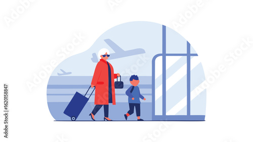 Grandmother and grandson traveling at the airport with luggage and airplane in the background scene