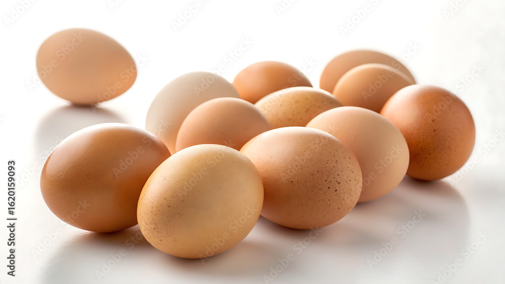 A dozen fresh brown eggs artfully arranged on a clean white surface with subtle reflections A dozen fresh brown eggs artfully arranged on a clean white surface with subtle reflections