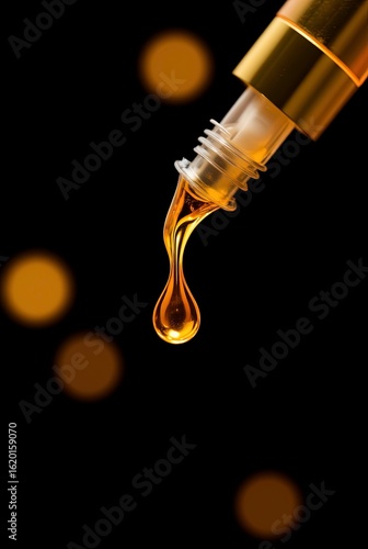 Wallpaper Mural A luxurious close-up of a golden dropper dispensing a drop of amber-colored serum the background Torontodigital.ca