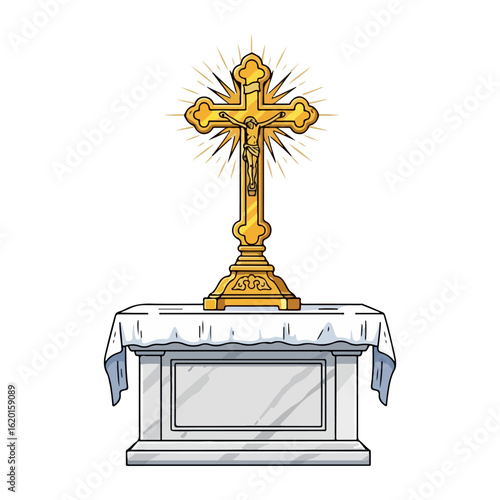 Cartoon of a golden Catholic cross, standing on a marble altar. Vector flat design cartoon. AI generated images.