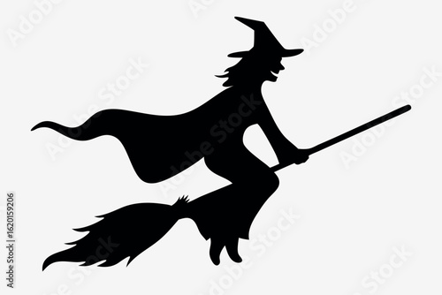 Silhouetted figure of a flying witch wearing a hat and cape on a broomstick