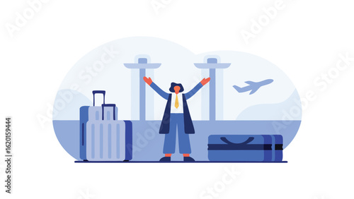 Illustration of a person with arms raised at an airport with luggage and a plane in the background