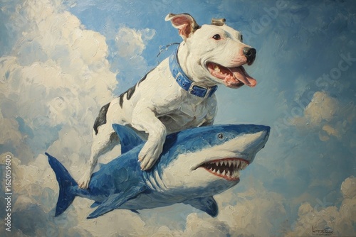 Dog rides a shark A painting shows a white dog with black spots riding a blue shark in a sky filled with clouds