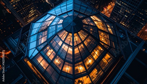 A circular glass roof appears from the top view.