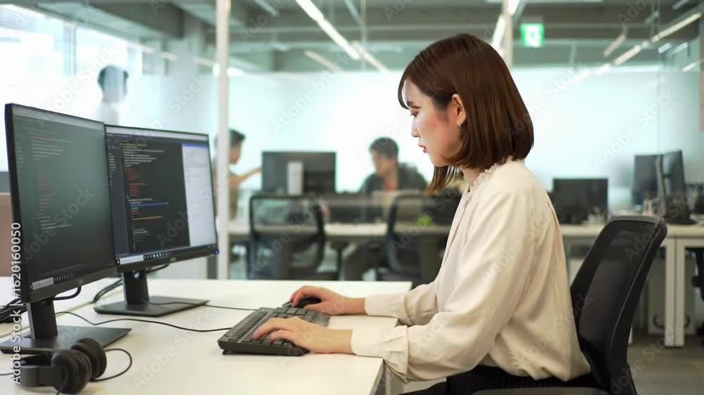 Focused Young Asian Female Programmer Diligently Coding on Dual Monitors in a Modern Tech Office.