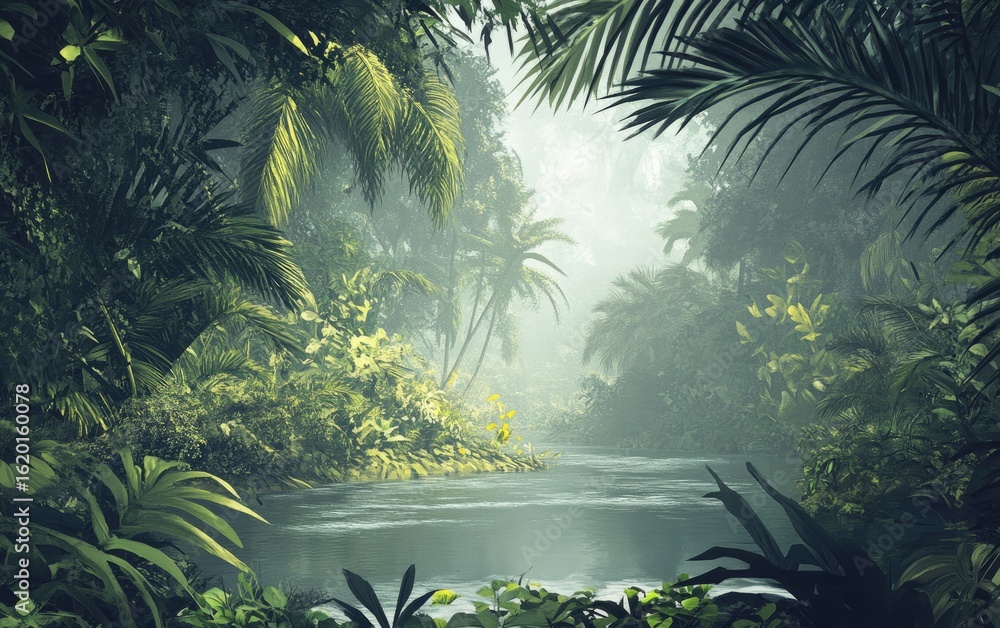 Naklejka premium Lush green jungle landscape with palm trees along a tropical coast