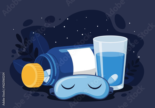 Flat illustration of bottle of pills, glass of water, and sleep mask for restful night