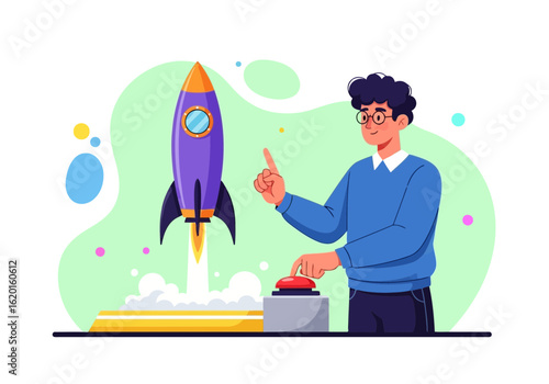 Flat illustration of man launching a rocket, symbolizing startup, business growth, and successful project initiation