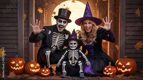 Happy Halloween Family in Skeleton and Witch Costumes