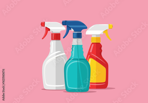 Flat illustration of three colorful spray bottles for household cleaning on a pink background