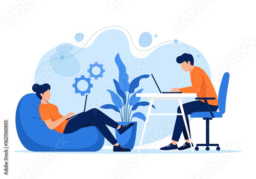 Flat illustration of two people working on laptops in a modern coworking space, symbolizing collaboration and productivity