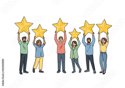 Flat illustration of a diverse group of people holding up golden stars, symbolizing high ratings and customer satisfaction