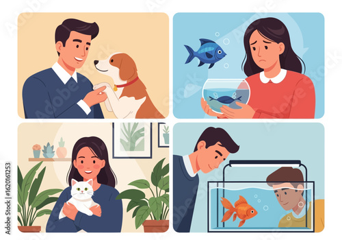 Flat illustration of people with their pets, showing different emotions and interactions with animals