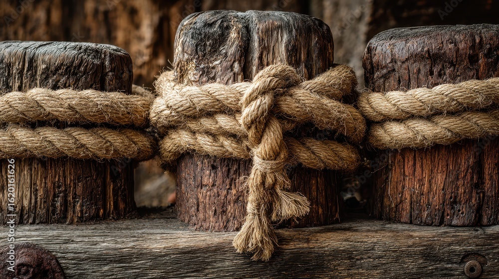 Fototapeta premium Weathered wooden posts bound tightly with thick, knotted rope. Use for nautical themes, rustic decor, or coastal design projects.